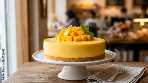 Delicious yellow mousse cake decorated with fresh mango slices on a stand