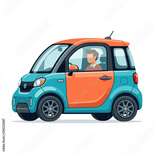 Man driving a compact electric car, modern city vehicle, eco-friendly transport