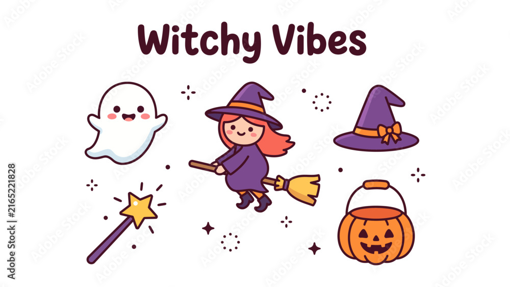 Fototapeta premium Cute halloween vector icon set featuring a ghost, a little witch on a broomstick, a witch hat, a magic wand, and a jackolantern candy bucket