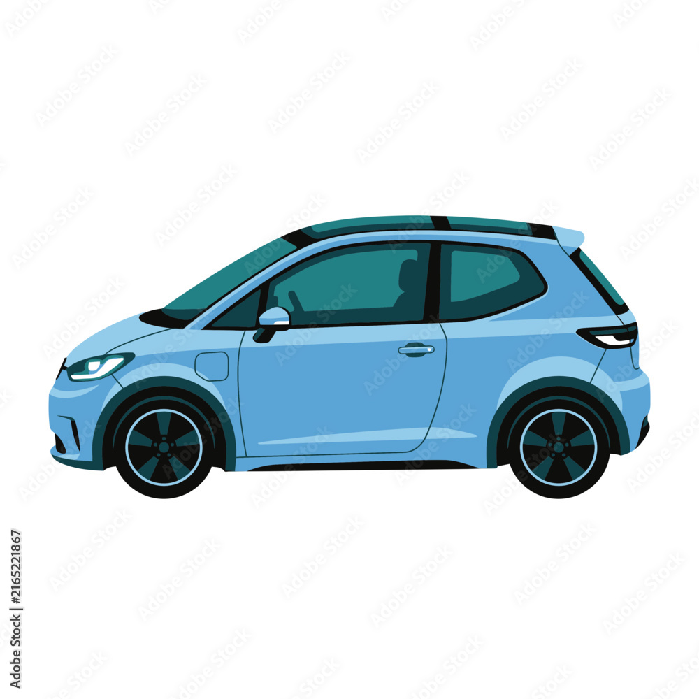 Fototapeta premium Modern Blue Electric City Car with Panoramic Roof, Isolated on White Background
