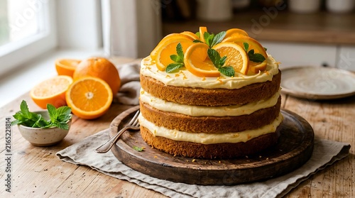 Delicious layered orange cake with fresh mint garnish on a wooden board