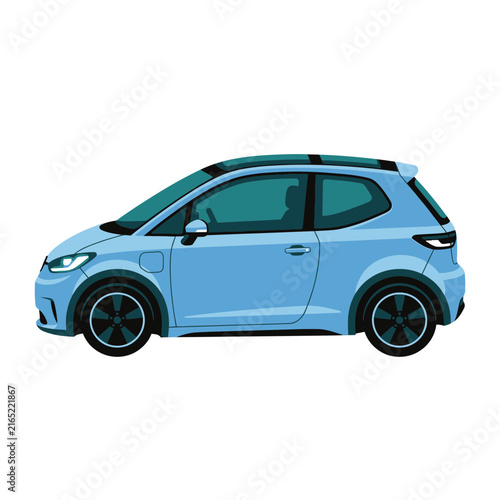 Modern Blue Electric City Car with Panoramic Roof, Isolated on White Background