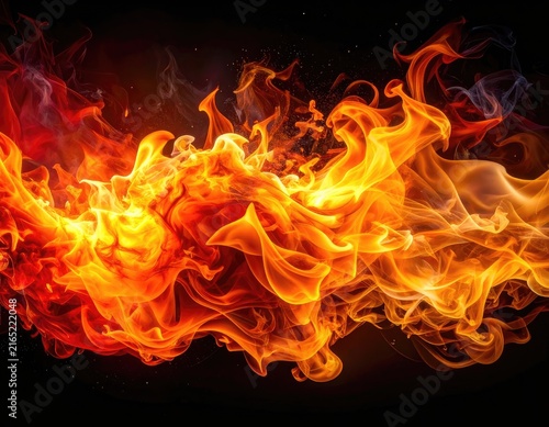 Vibrant orange and yellow flames dance against a dark background.