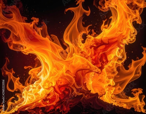 Intense flames blaze with vibrant orange and red hues against a dark background.