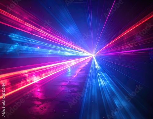 A dark environment illuminated by vibrant blue and pink laser light beams emanating from a central point.