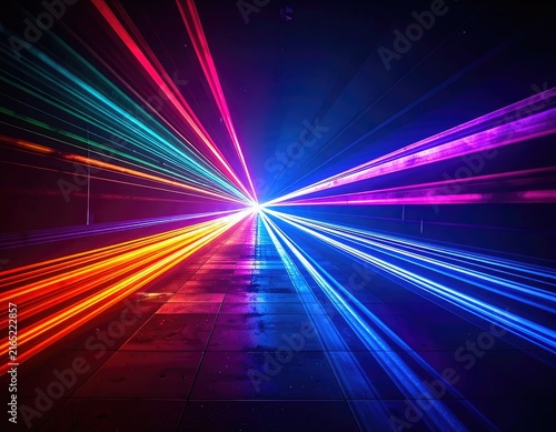 Abstract display of vibrant laser light beams converging towards a central point.