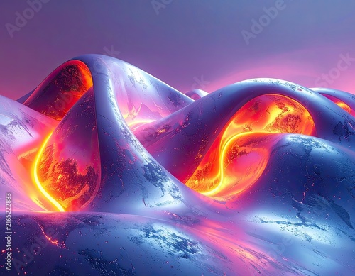 Abstract flowing landscape with glowing molten cores and ethereal light.