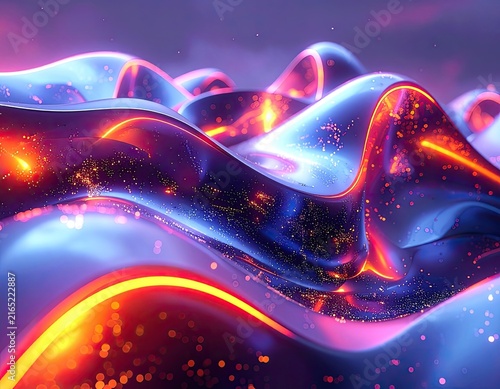 Abstract flowing iridescent waves with glowing lights and bokeh effects