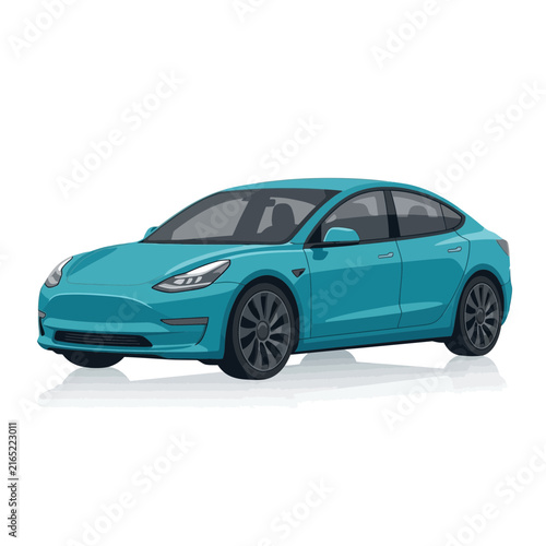 Modern Electric Sedan Car, Blue Color, Isolated on White Background, Vector Illustration