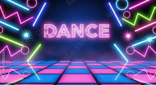Vibrant neon dance floor with glowing geometric patterns and bold pink letters.