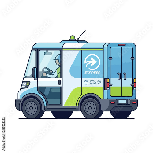 Modern Express Delivery Van with Driver, Vector Illustration