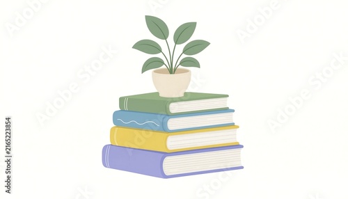 A stack of colorful books with a small green potted plant sitting on top of them