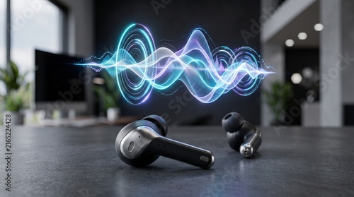 Wireless earbuds with glowing sound waves on a modern surface