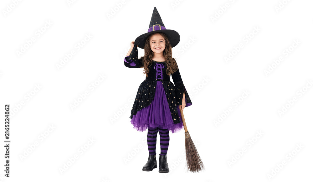 Obraz premium Cute Little Girl Wearing a Purple Witch Halloween Costume and Holding a Magic Wand and Broom