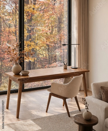 Modern home office interior with wooden desk and autumn forest view through large window