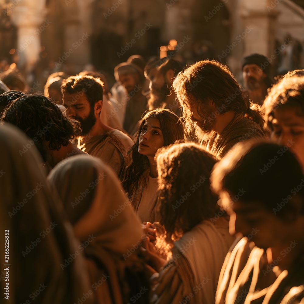 Fototapeta premium A crowd of people in ancient attire gathered in a sunlit courtyard, looking upward with expressions of awe and wonder