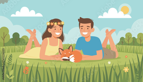 Happy couple wearing summer clothing relaxes on green grass in forest while a cute fox rests peacefully between them on sunny day.