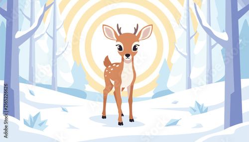 Small adorable fawn stands in snow covered winter forest with beautiful golden sun circle background and leafless frozen trees.