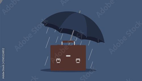 Professional brown leather briefcase sits safely underneath large open umbrella during rainy storm against dark blue background.