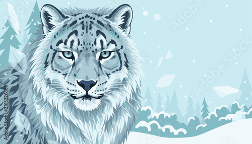 Portrait of majestic snow leopard with icy blue eyes and thick fur set against cold winter forest landscape with falling snowflakes.