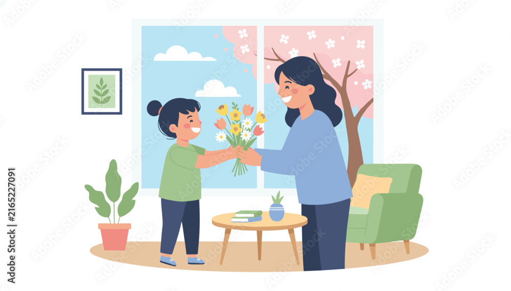 Fototapeta premium Young girl hands bouquet of beautiful colorful spring flowers to woman inside cozy living room next to window and green plants.