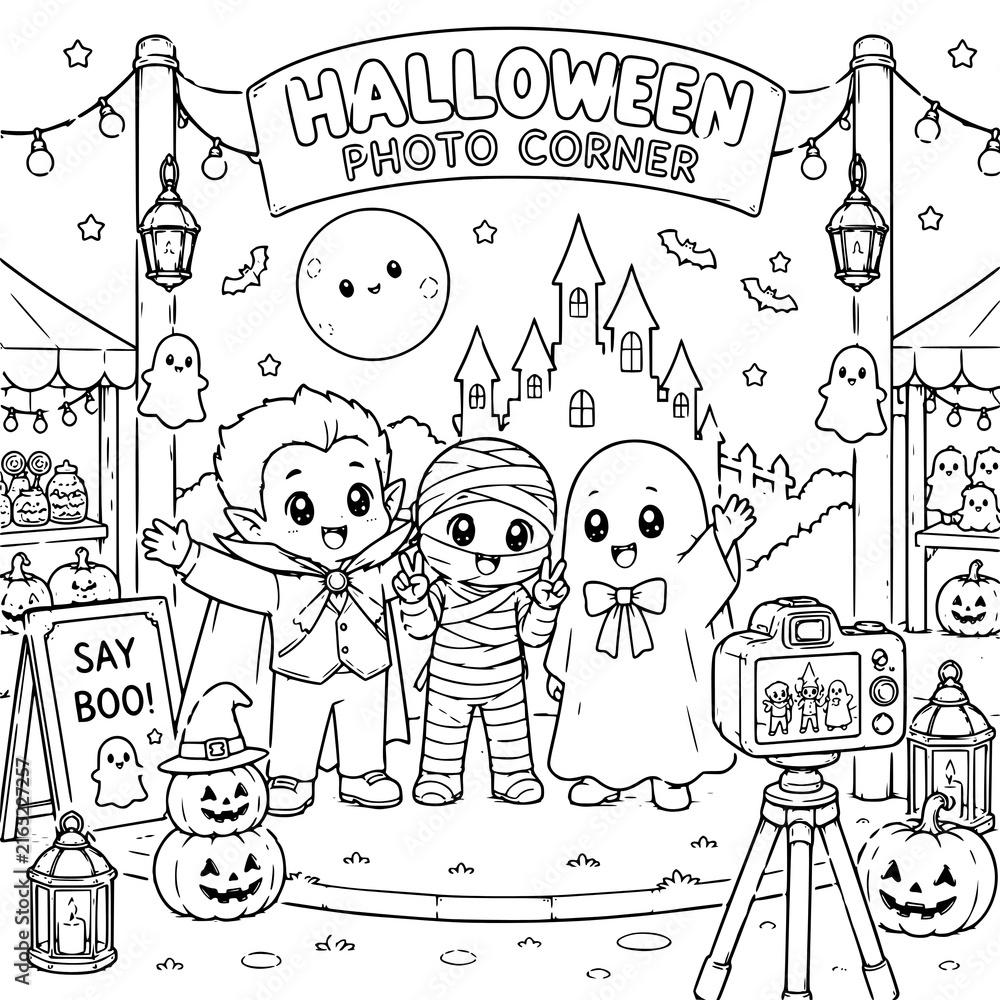 Obraz premium Halloween Night Market Coloring Pages | Spooky & Fun Market Scenes Featuring Witches, Ghosts, Vampires, Monsters, Treat Stalls, Pumpkin Shops, Halloween Games & Magical Night Market Adventures