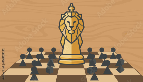 Golden chess piece with artistic lion head design stands in center of board surrounded by black pieces to symbolize leadership.