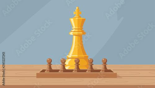 Golden chess king piece stands tall behind row of small wooden pawns on tabletop to represent leadership and business management.