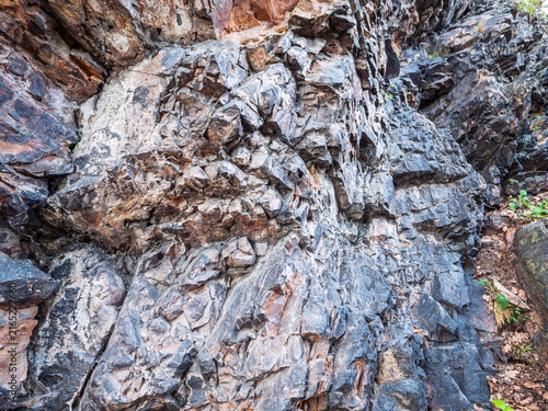 Принти на полотні Detailed close-up of rugged quartzite rock at Cernolice Rocks in Czechia, showing natural layers, cracks, colors and geological texture of the protected rock formation