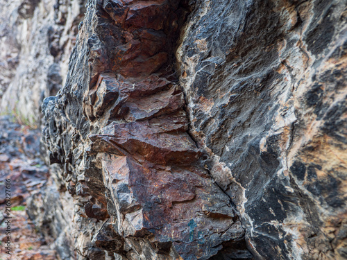 Принти на полотні Detailed close-up of rugged quartzite rock at Cernolice Rocks in Czechia, showing natural layers, cracks, colors and geological texture of the protected rock formation