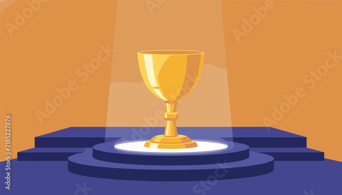 Golden trophy cup standing on a dark blue tiered podium under a bright dramatic stage light with an orange background for awards ceremonies.