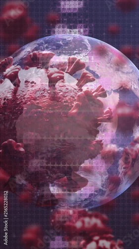 DNA structure, Covid-19 cells and globe against blue background