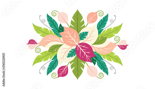 Vibrant abstract botanical design featuring colorful leaves, swirling vines, and floral elements in a symmetric pattern for artistic decoration.