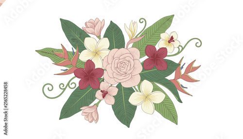 Intricate botanical arrangement featuring tropical roses, plumeria, and exotic leaves in a delicate hand drawn style for elegant decoration.