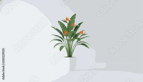 Potted plant with orange Bird of Paradise flowers and green leaves isolated against a minimalist white background for home decor inspiration.