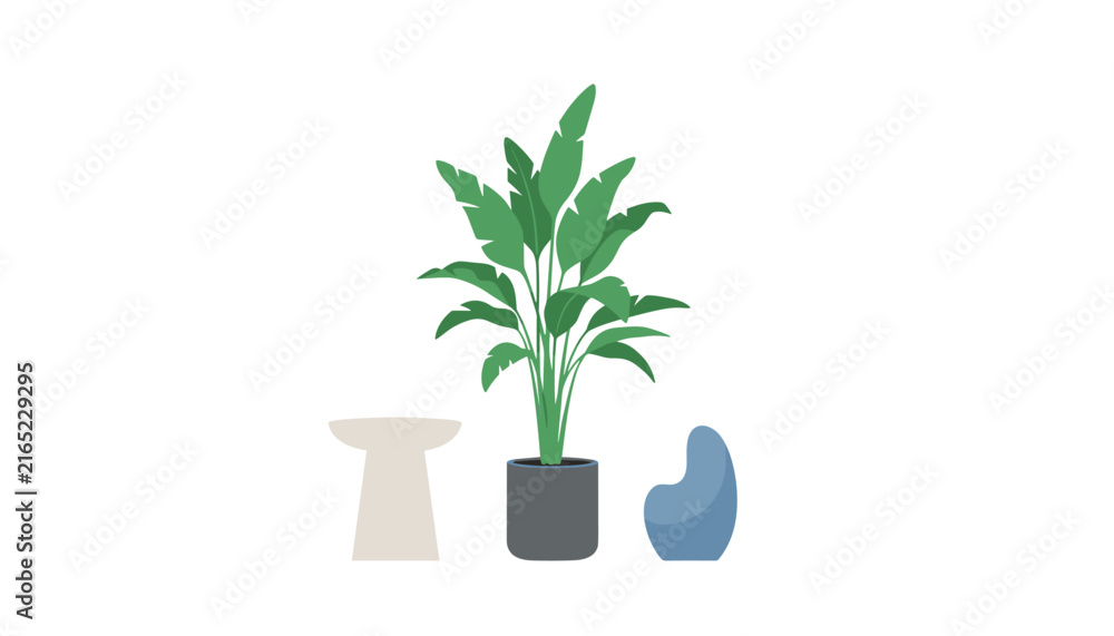 Fototapeta premium Potted indoor houseplant with green leaves sits next to a small side table and a blue fabric bean bag chair against a clean white wall.
