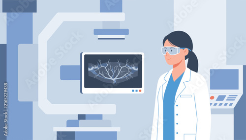 Female doctor in a white lab coat stands near medical imaging equipment while observing vascular system X-ray scan on a digital monitor.