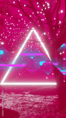 Animation of colourful distortion and white neon triangle over pink trees and lights