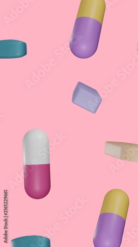 Animation of floating pills on pink background