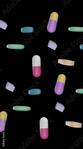 Animation of floating pills on black background