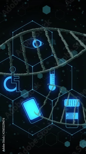 Animation of medical icons and dna strands on black background