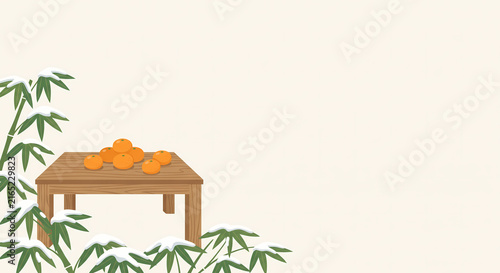 Flat Vector Japanese Winter Frame with Mandarins and Snow Covered Bamboo Leaves