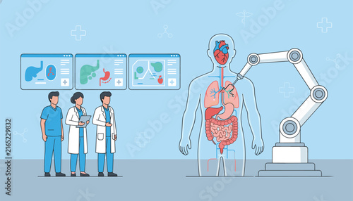 Medical professionals observe a robotic arm performing procedures on a human body silhouette with internal organs displayed on digital monitors.