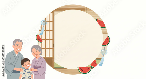 Flat Vector Japanese Circular Frame with Shoji Screen Watermelon Wind Chime and Family Reunion