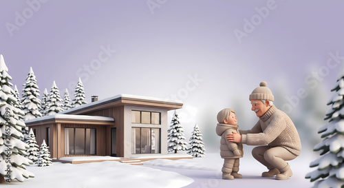 3D Clay Illustration of Grandfather Welcoming Grandchild in Snow by Modern Wooden Cottage