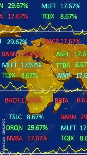 Stock market data and ticker symbols over world map animation