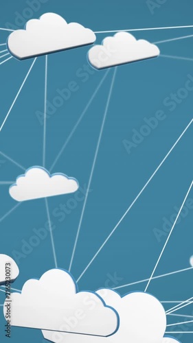 Digital animation of network of multiple cloud icons against blue background