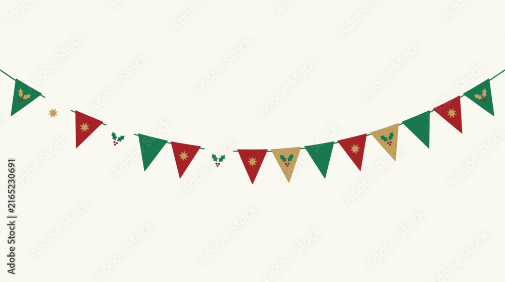 Obraz premium Festive Christmas bunting with green, red, and gold flags, decorated with holly and stars, on a light background.