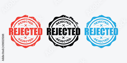 Rejected rubber stamp set, vintage grunge seal icons in red black and blue, 3 distressed vector labels for business