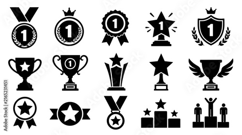 Award Trophy Collection Featuring Medals and Cups.